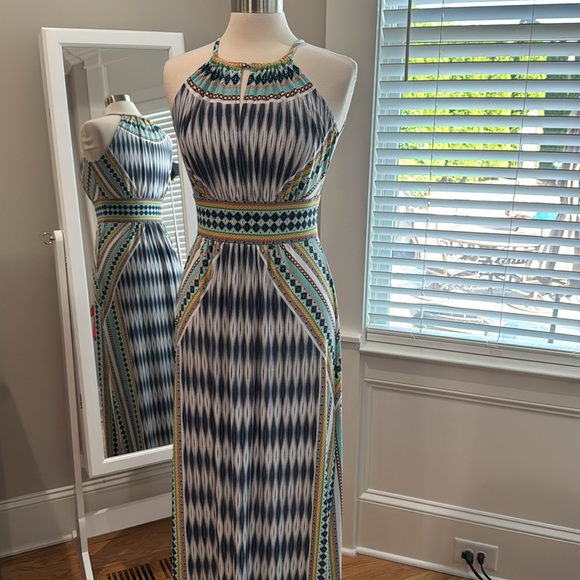 London Times Blue and White Halter Sheath Maxi Dress - Picture 3 of 8